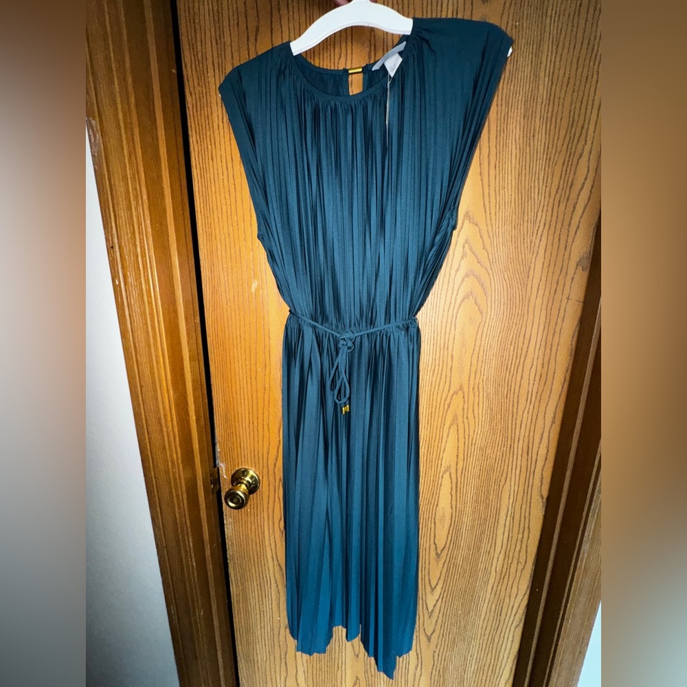 H&M Teal Pleated Dress Gold accents round neck